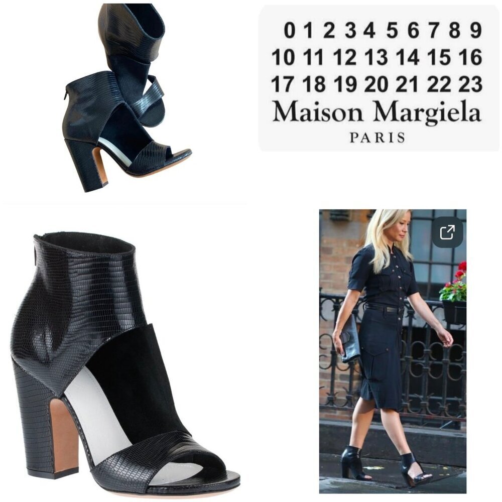 Maison Martin Margiela Black Lizard Embossed Ankle Heels Size 39 US 8.5 Open Toe